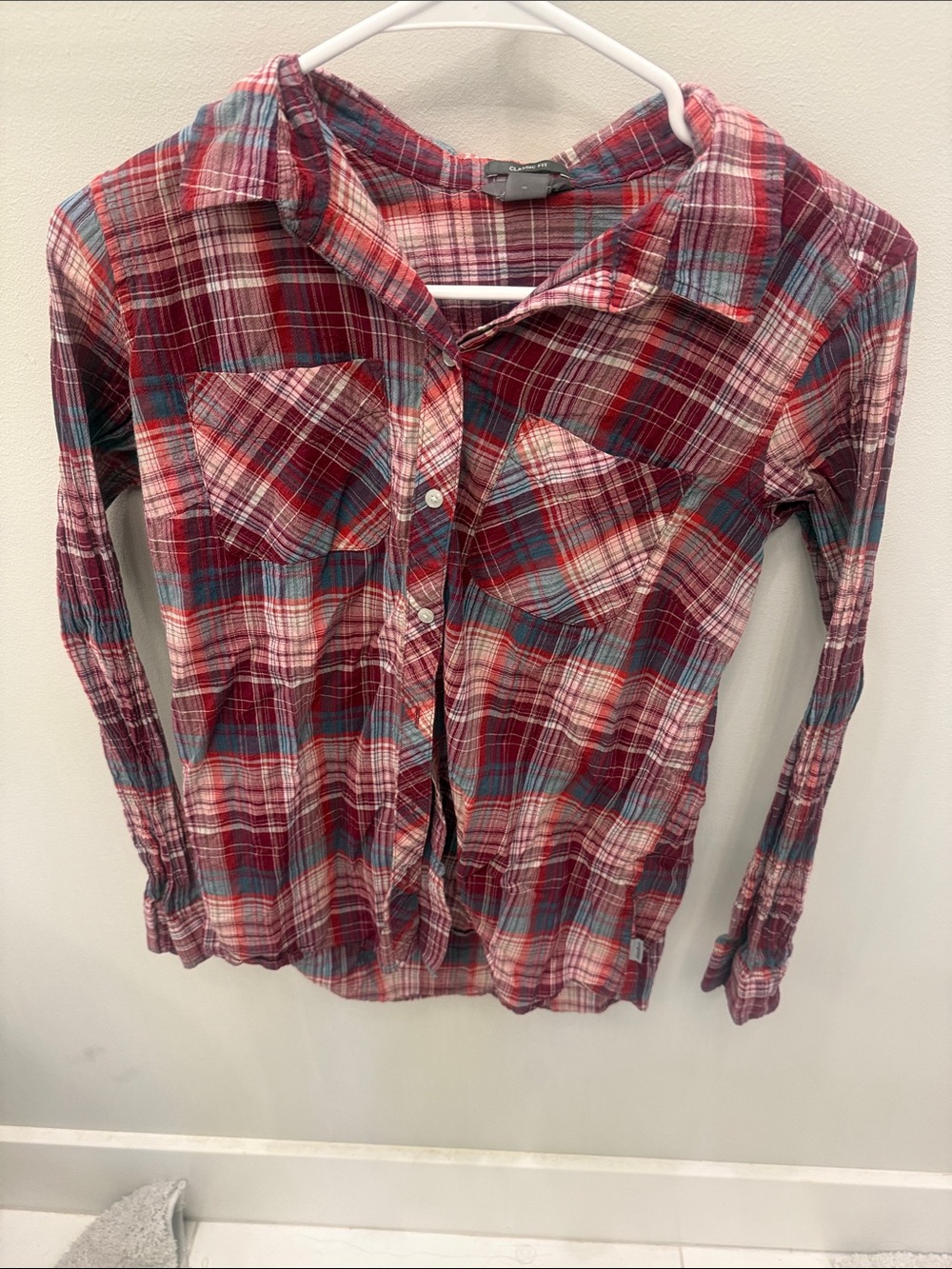 Eddie Bauer Red Plaid Button-Down Shirt with Blue Accents